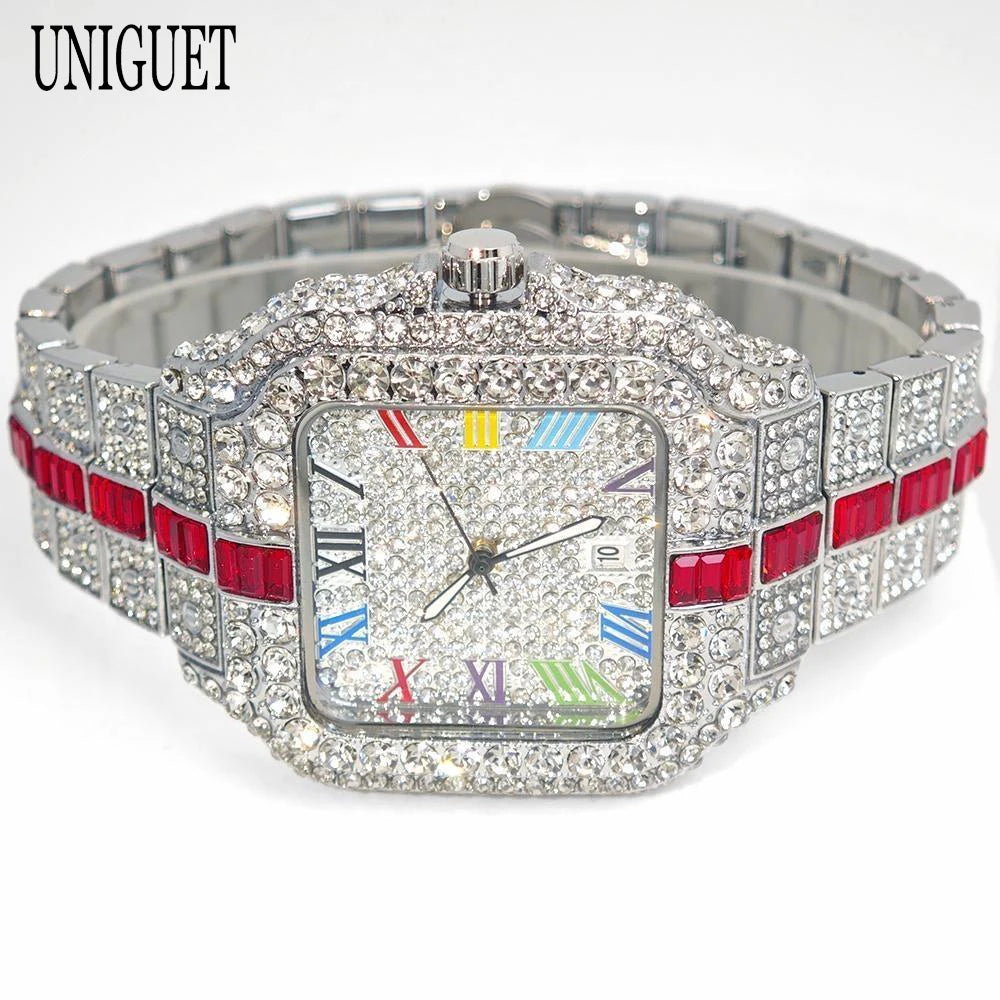 Square Shaped Striped Luxury Iced Out Watch