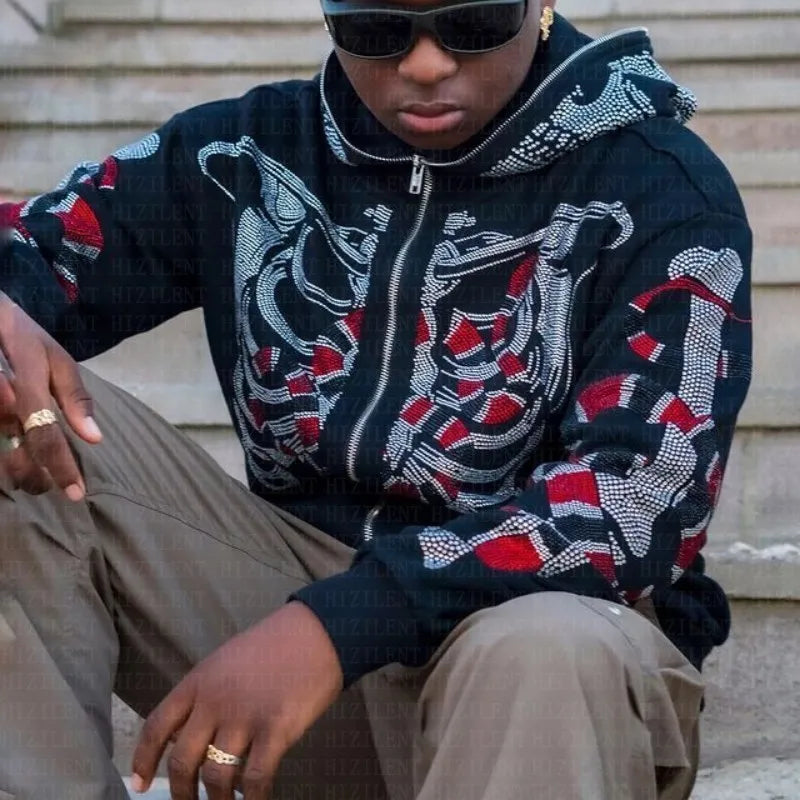 Hoodie Men Y2K rhinestones Skeleton Long Sleeve Sweatshirt