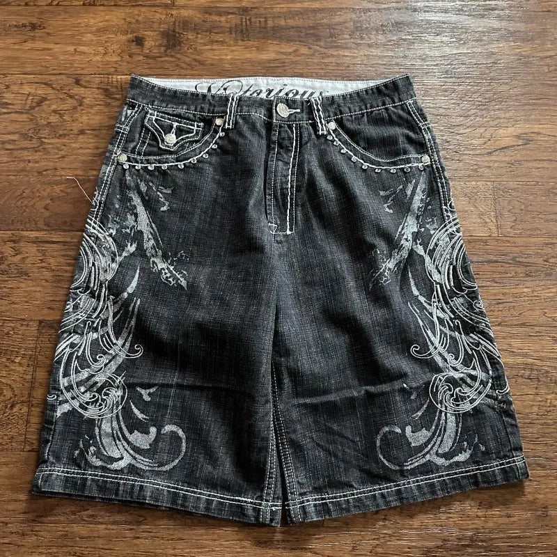 Graphic Printed Gothic Baggy Jean Shorts