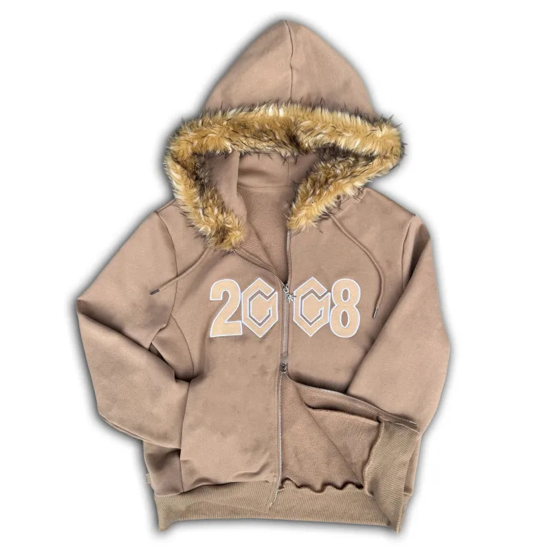 2008 Pattern Faux Fur Hoodie