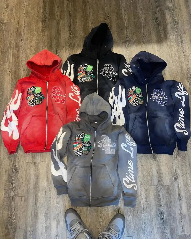 Fire Sleeve Washed Streetwear Jacket