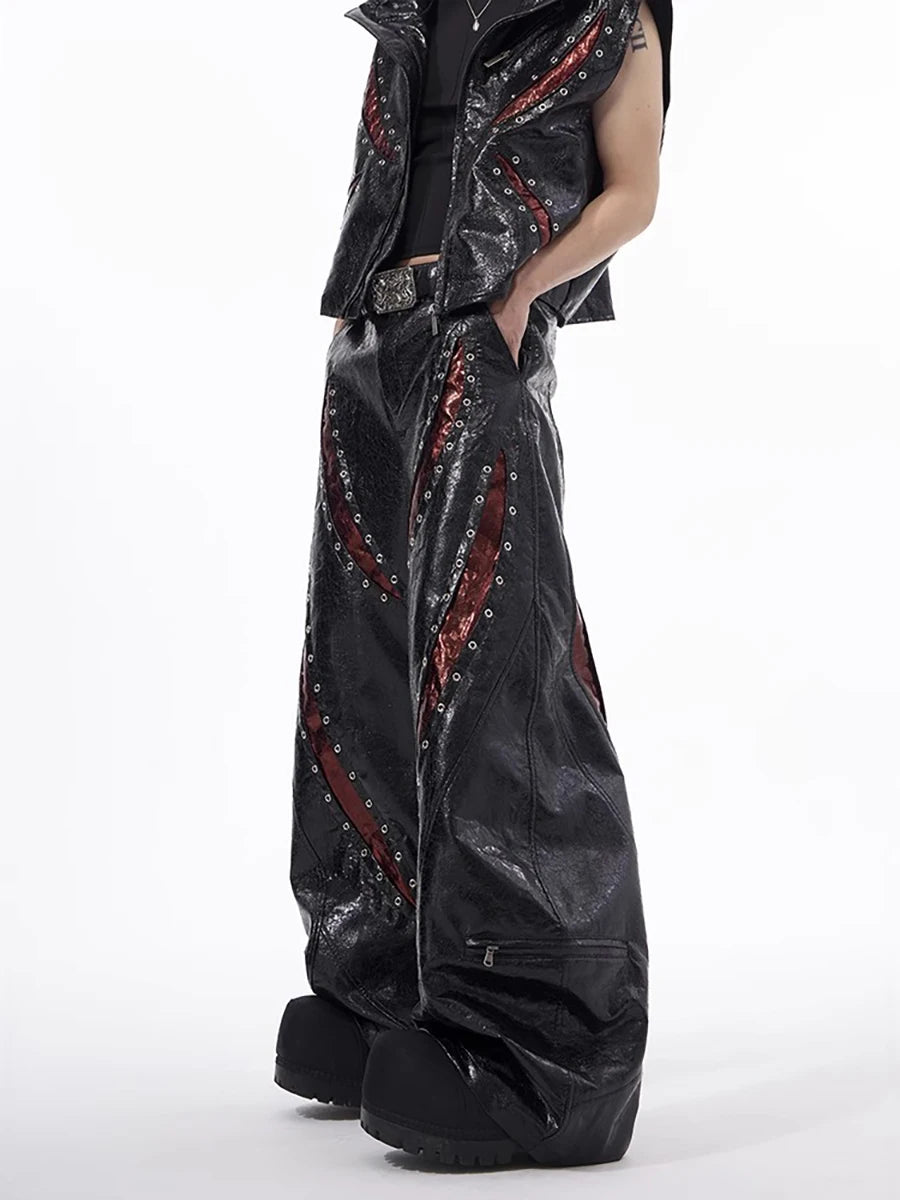 Gothic Rivet Design Flared Leather Pants