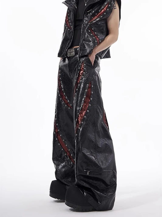 Gothic Rivet Design Flared Leather Pants