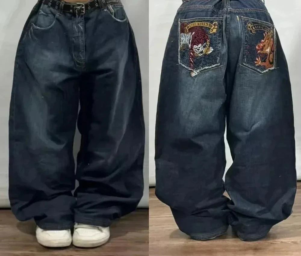 Skull Embroidered Baggy Jeans
