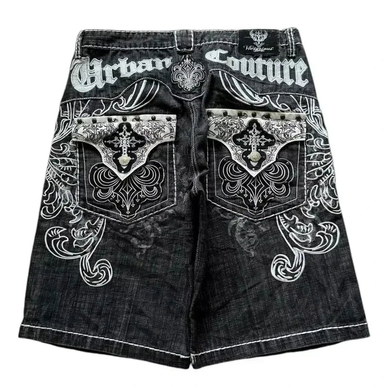 Gothic Embroidered Baggy Denim Shorts