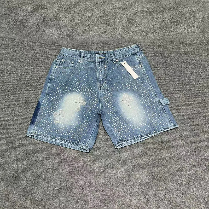 rhinestone slim fit men's denim shorts