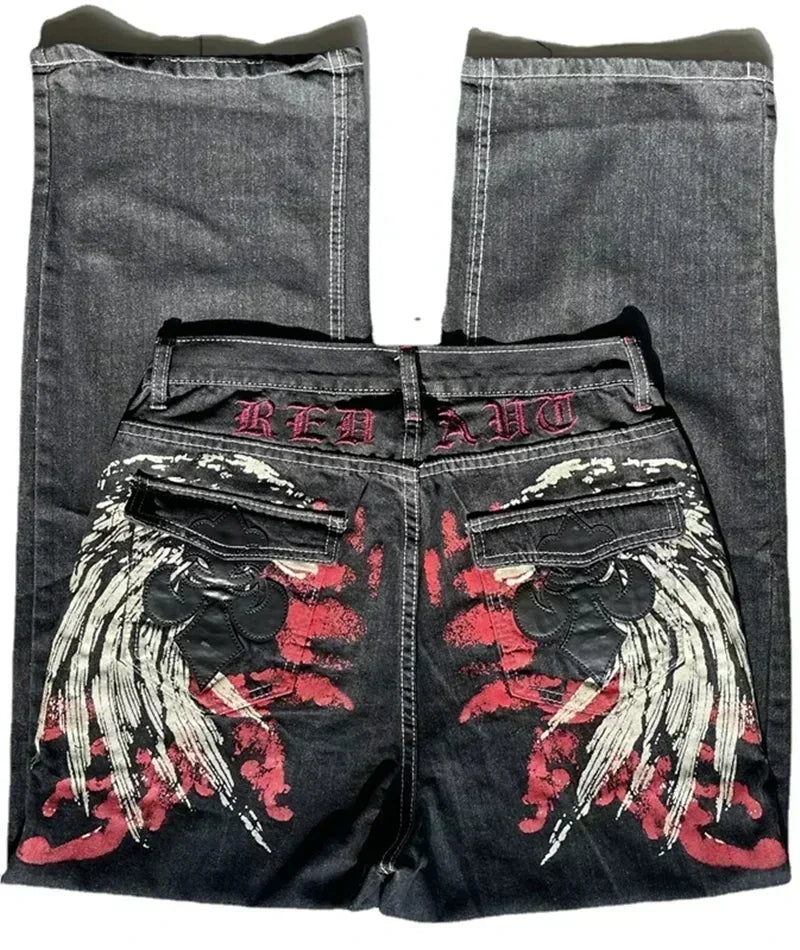 Skull Embroidered Baggy Jeans