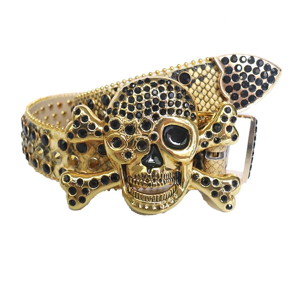 Western Big Skull Buckle Sparkly Leather Rhinestone Belt
