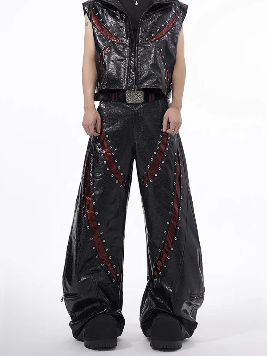 Gothic Rivet Design Flared Leather Pants