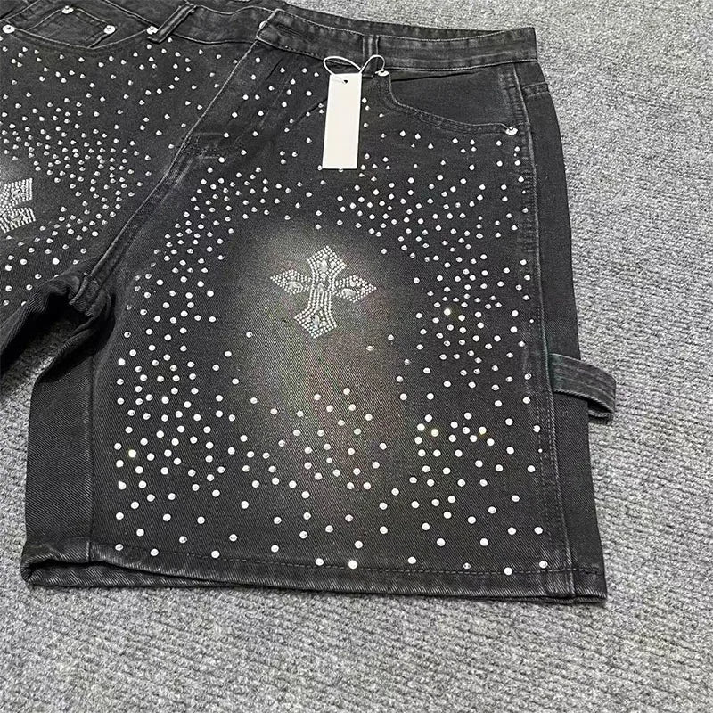 rhinestone slim fit men's denim shorts