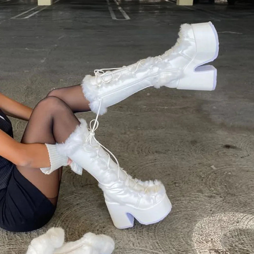 High Heel Platform Boots With Fur