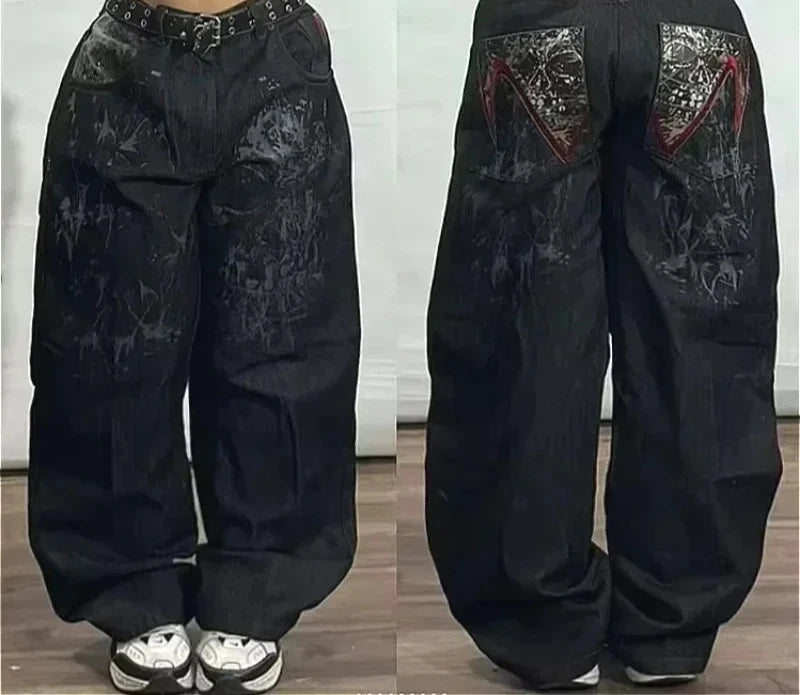 Skull Embroidered Baggy Jeans