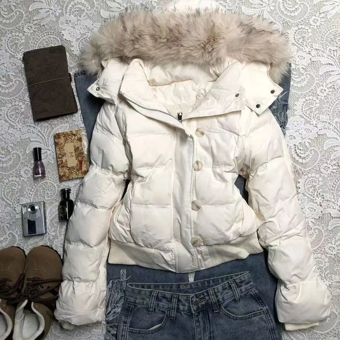 Slim Waisted Puffer Faux Fur Jackets