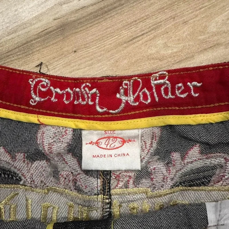 Gothic Embroidered Baggy Denim Shorts