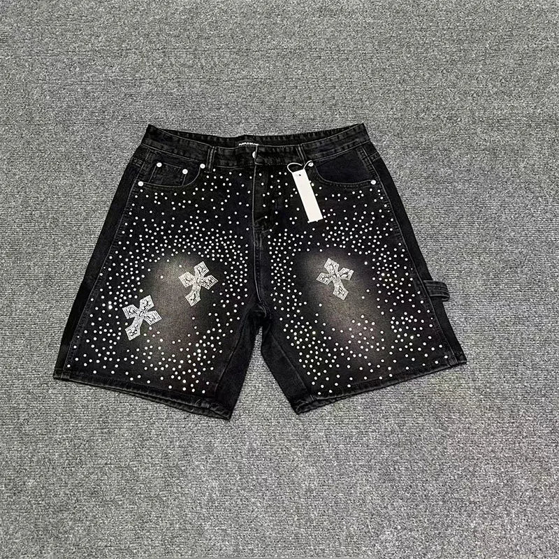 rhinestone slim fit men's denim shorts