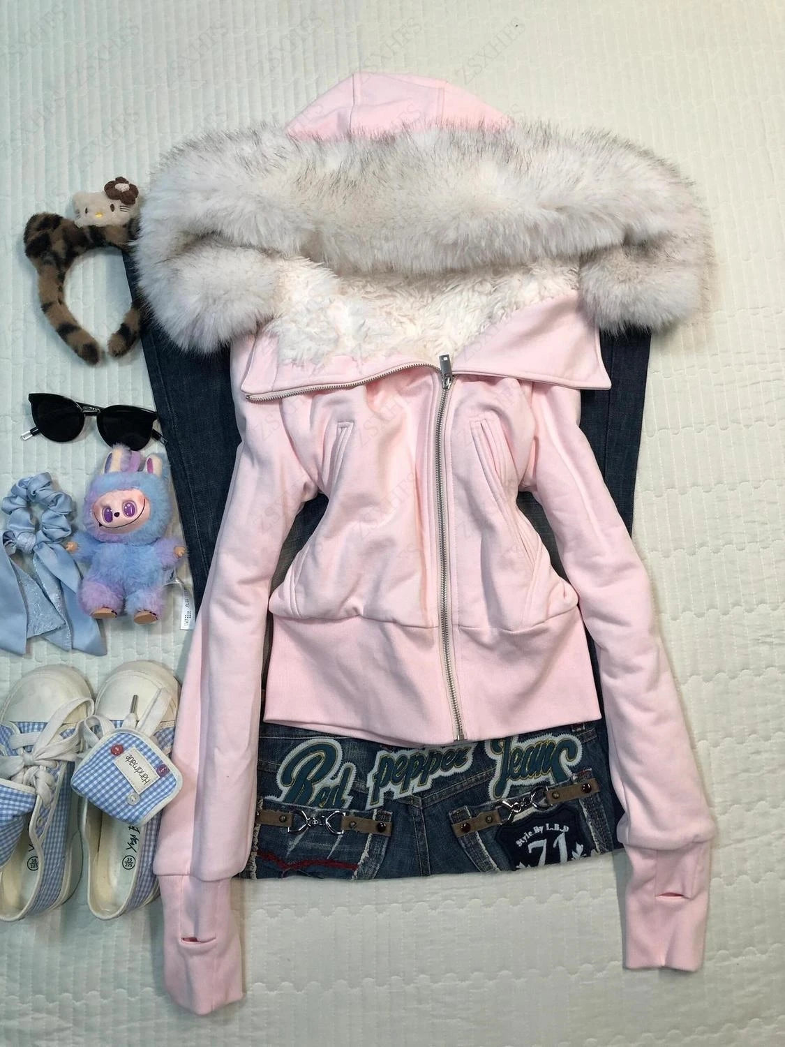 Pink Fuzzy Hooded Zip Up Sweater