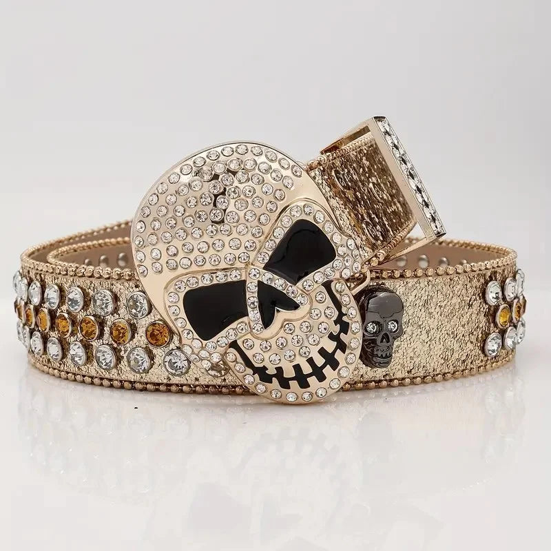 Western Big Skull Buckle Sparkly Leather Rhinestone Belt