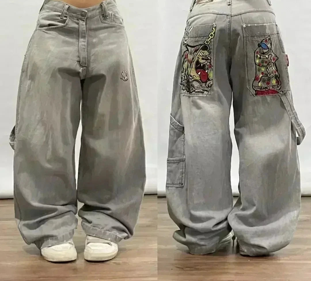 Skull Embroidered Baggy Jeans