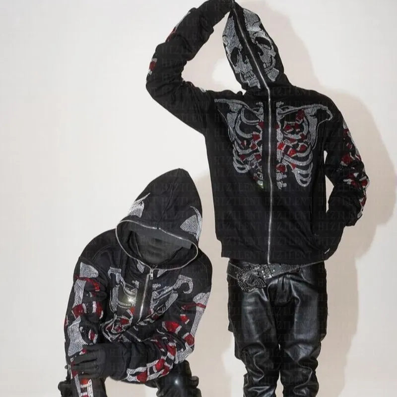 Hoodie Men Y2K rhinestones Skeleton Long Sleeve Sweatshirt