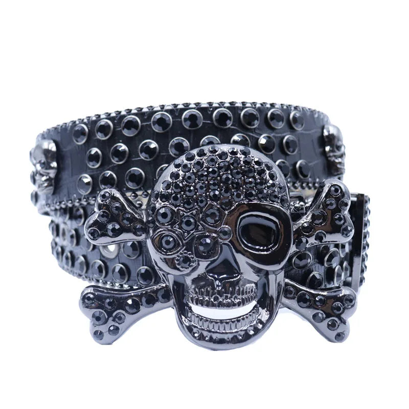 Western Big Skull Buckle Sparkly Leather Rhinestone Belt