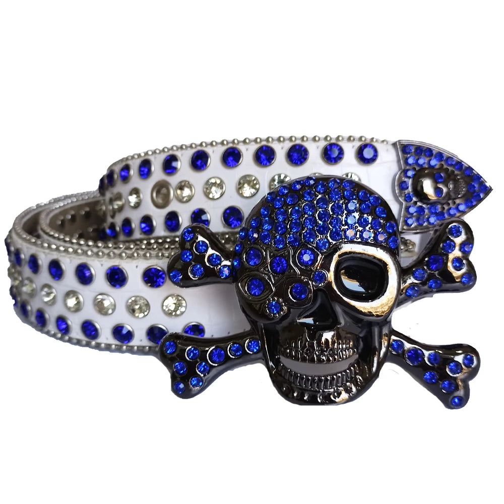 Western Big Skull Buckle Sparkly Leather Rhinestone Belt