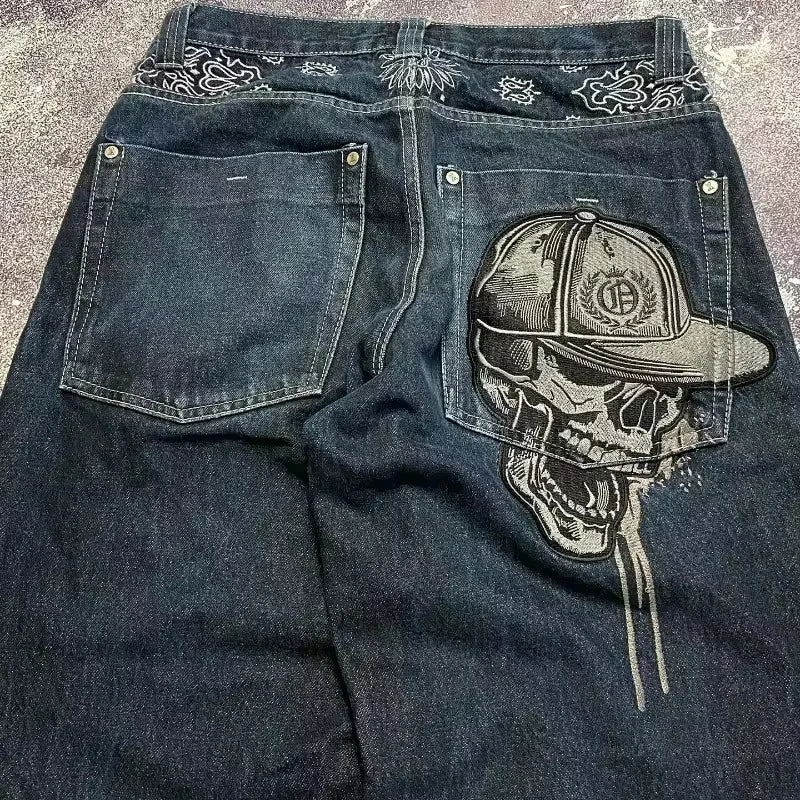 Skull Embroidered Baggy Jeans