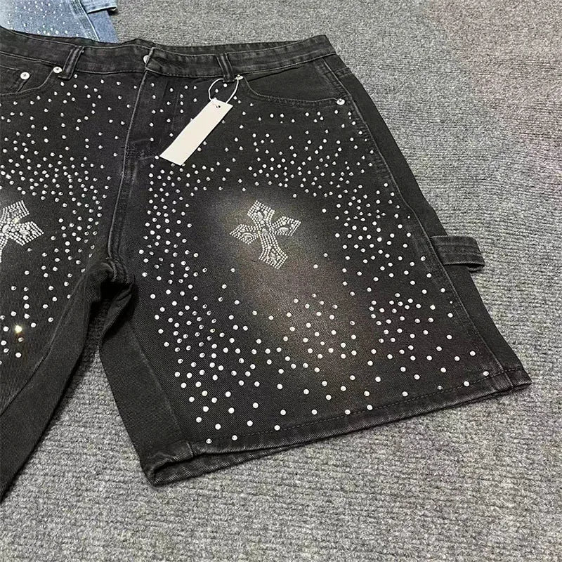 rhinestone slim fit men's denim shorts