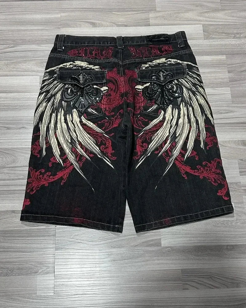 Gothic Embroidered Baggy Denim Shorts