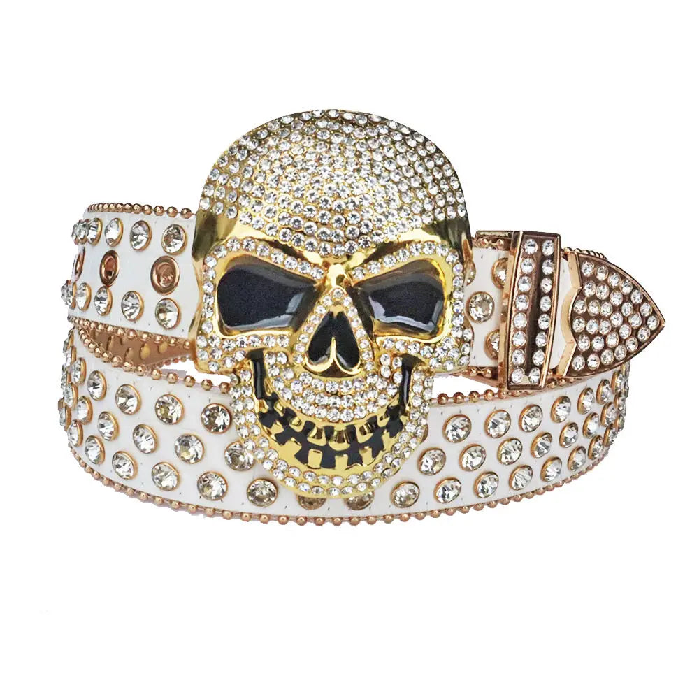 Western Big Skull Buckle Sparkly Leather Rhinestone Belt