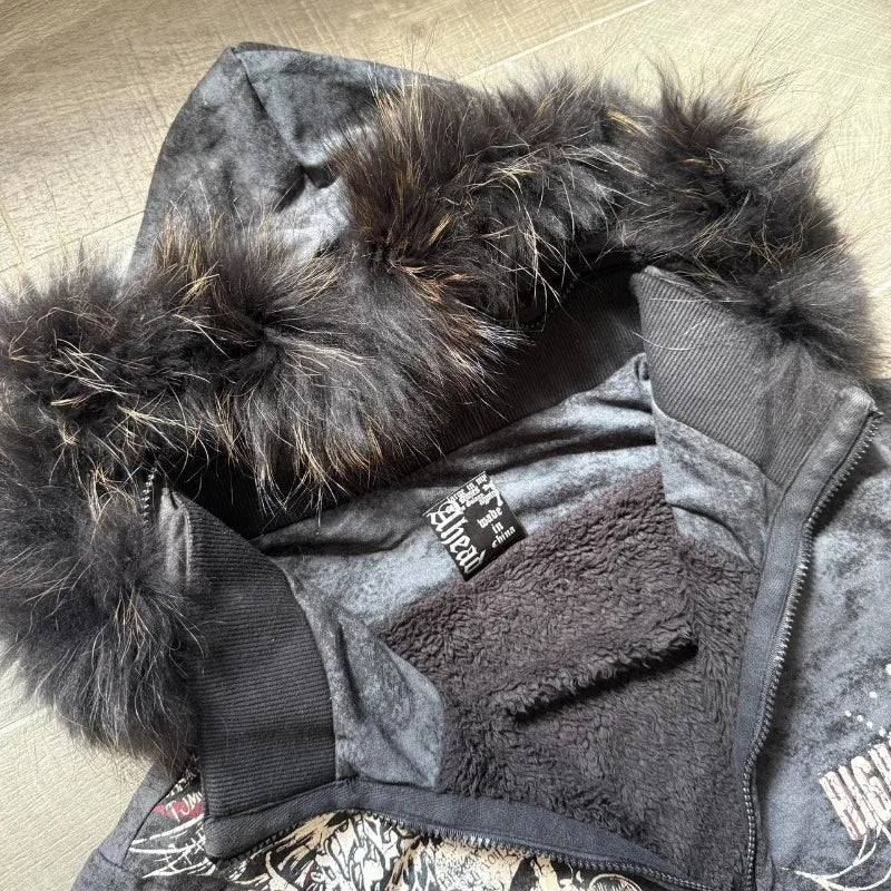 Fur Hooded Gothic Zip Up Hoodie