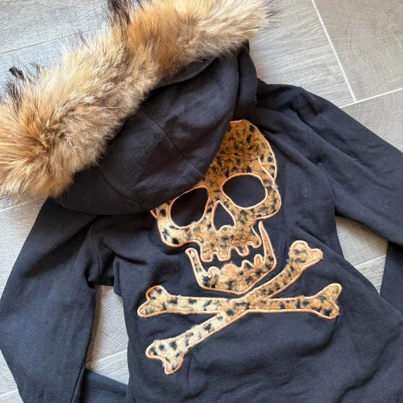 Leopard Print Faux Fur Lined Zip-up Y2k Hoodie