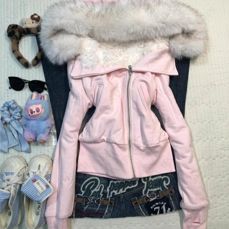 Pink Fuzzy Hooded Zip Up Sweater