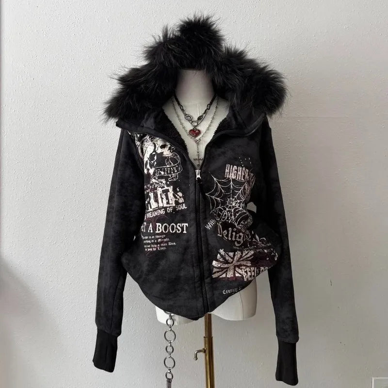 Fur Hooded Gothic Zip Up Hoodie