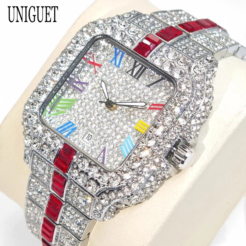 Square Shaped Striped Luxury Iced Out Watch