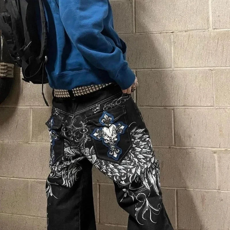 Embroidered Gothic Design Jeans