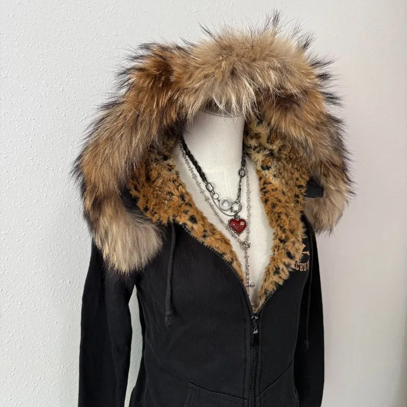 Leopard Print Faux Fur Lined Zip-up Y2k Hoodie