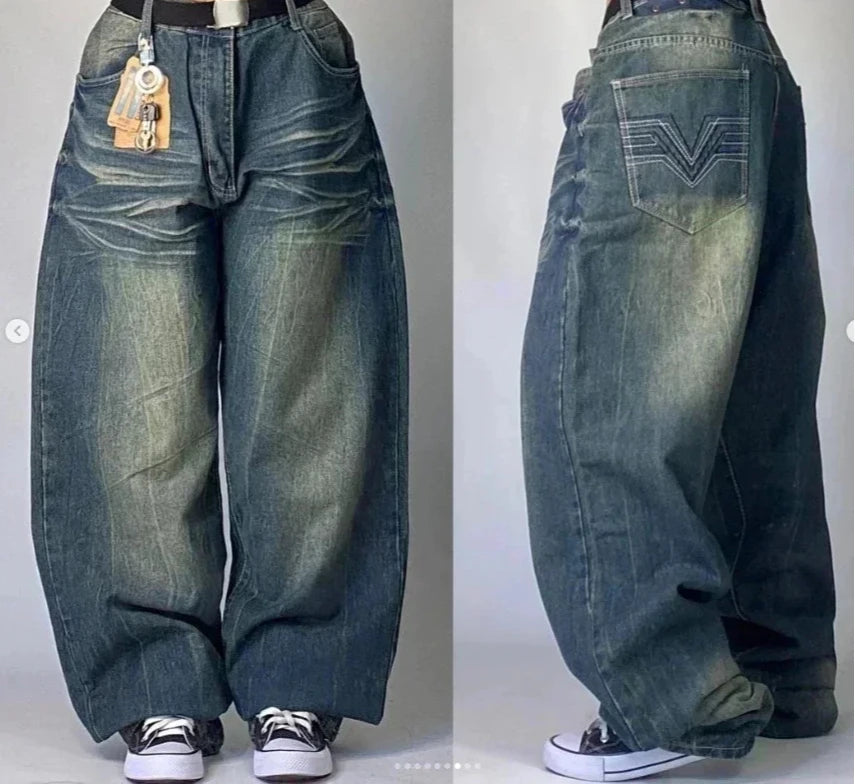 Skull Embroidered Baggy Jeans