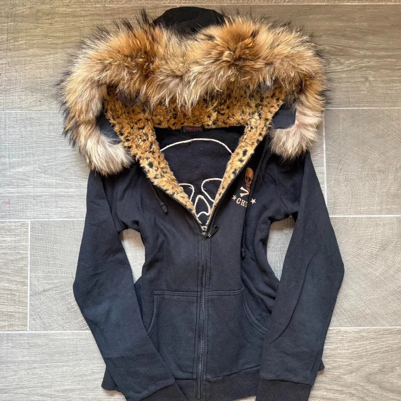Leopard Print Faux Fur Lined Zip-up Y2k Hoodie