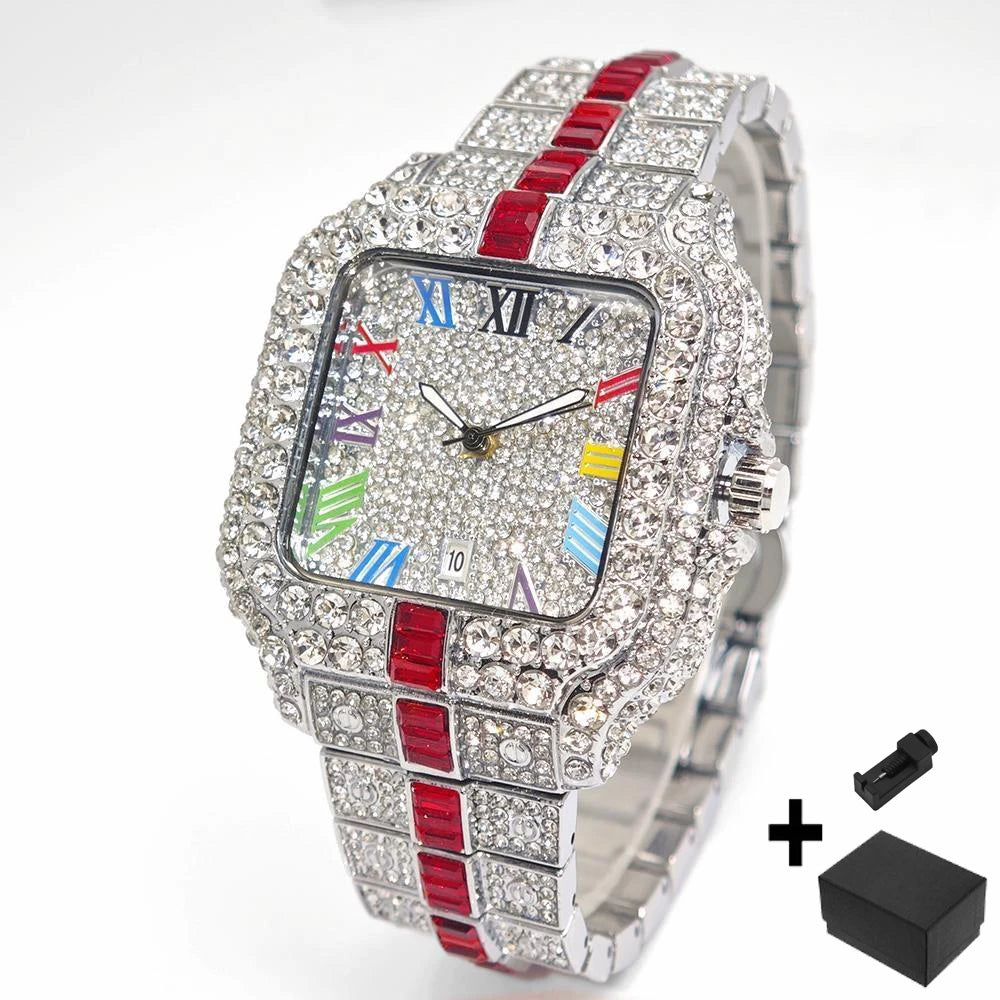 Square Shaped Striped Luxury Iced Out Watch