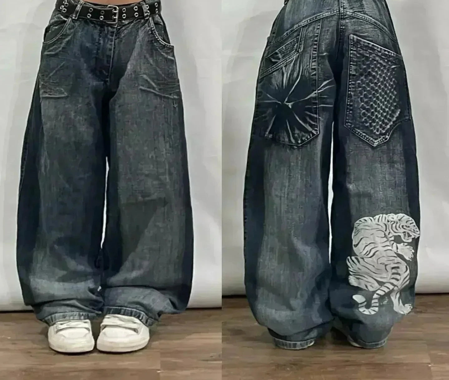 Skull Embroidered Baggy Jeans