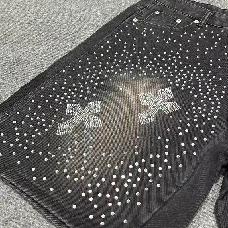 rhinestone slim fit men's denim shorts