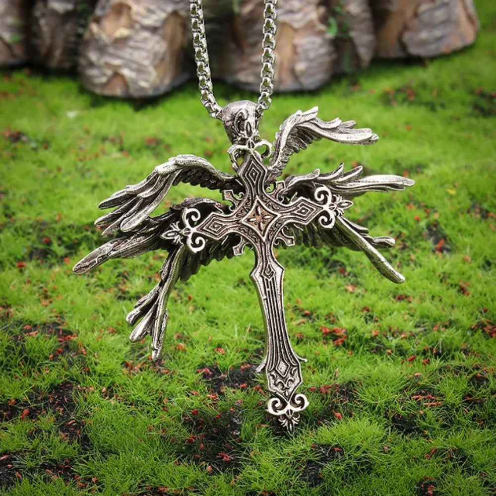 Gothic Jesus Wings Cross Necklace