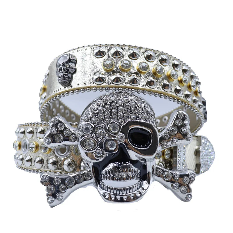 Western Big Skull Buckle Sparkly Leather Rhinestone Belt