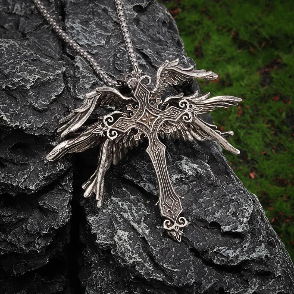 Gothic Jesus Wings Cross Necklace
