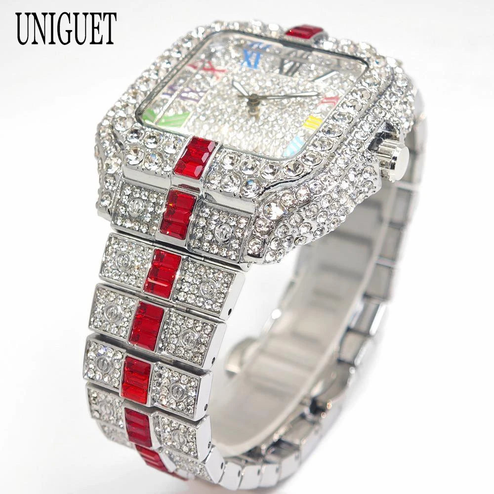 Square Shaped Striped Luxury Iced Out Watch