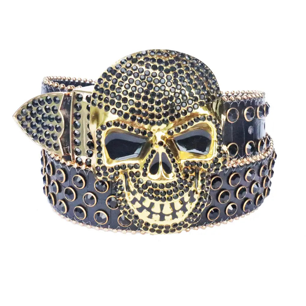 Western Big Skull Buckle Sparkly Leather Rhinestone Belt
