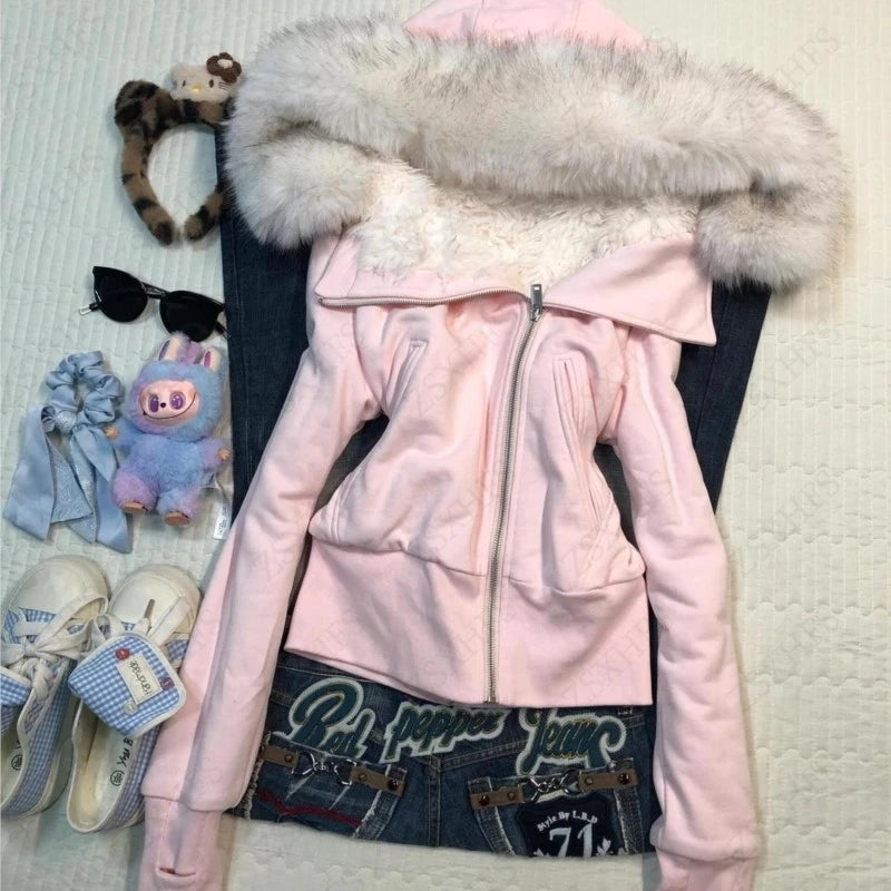 Pink Fuzzy Hooded Zip Up Sweater