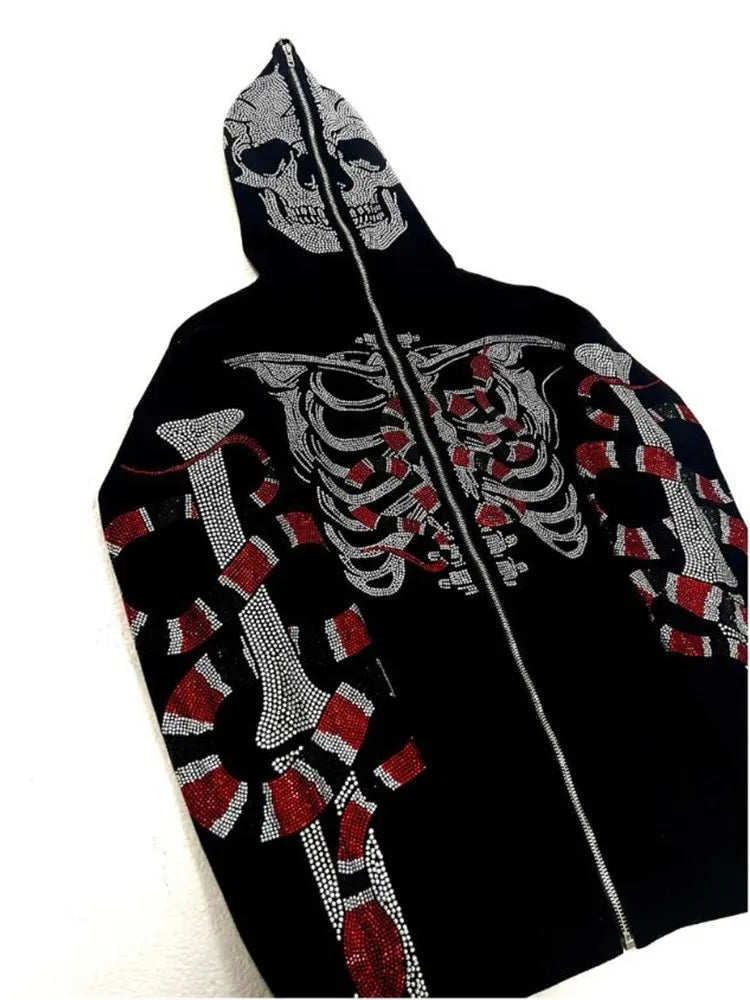 Hoodie Men Y2K rhinestones Skeleton Long Sleeve Sweatshirt