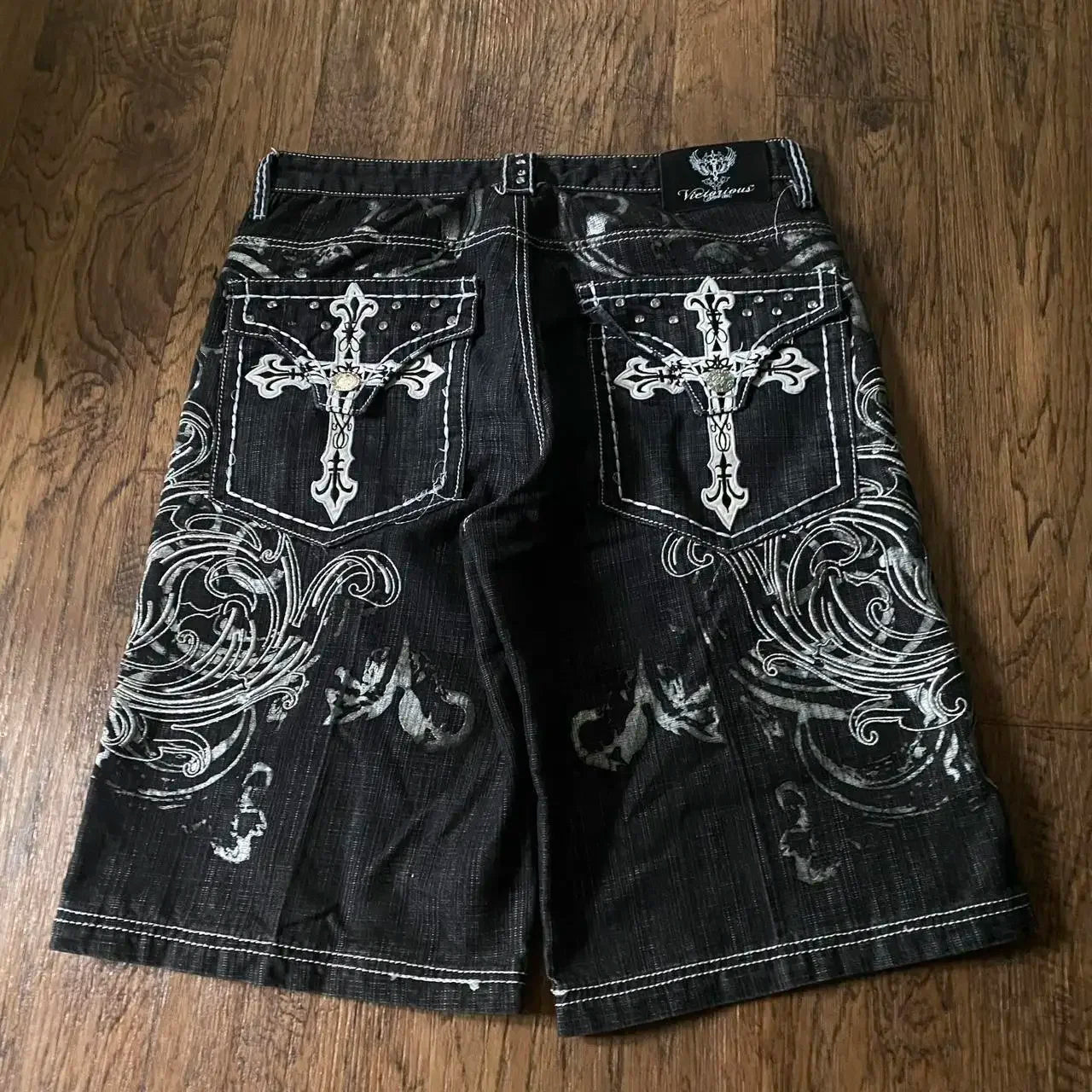 Gothic Embroidered Baggy Denim Shorts