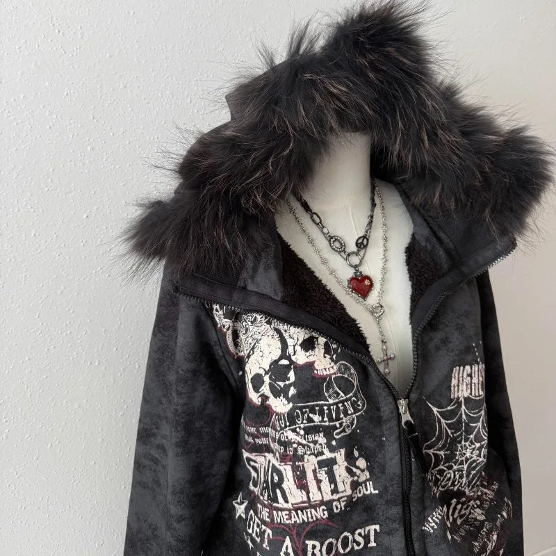 Fur Hooded Gothic Zip Up Hoodie